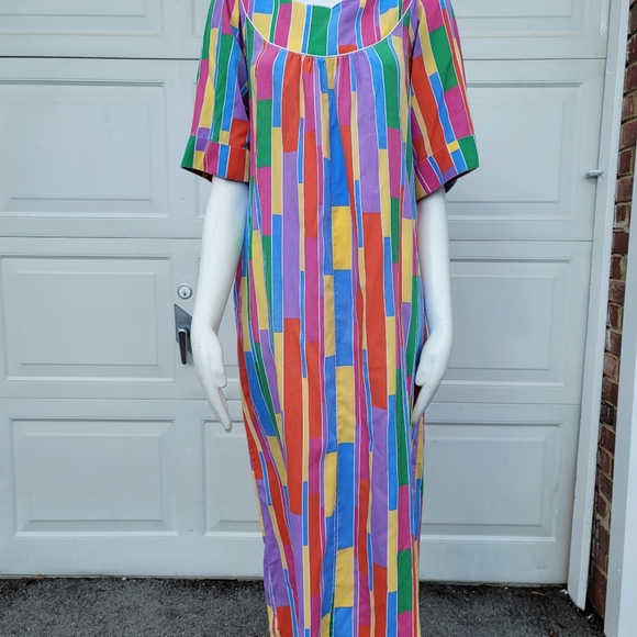 Rainbow Stripe 1970s Handmade House Dress Caftan Muu-Muu Full Length - Picture 2 of 12